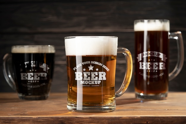 Beer mug mockup on wooden table