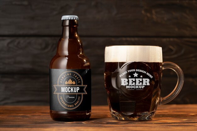 Beer mug mockup on wooden table