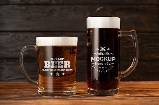 PSD beer mug mockup on wooden table