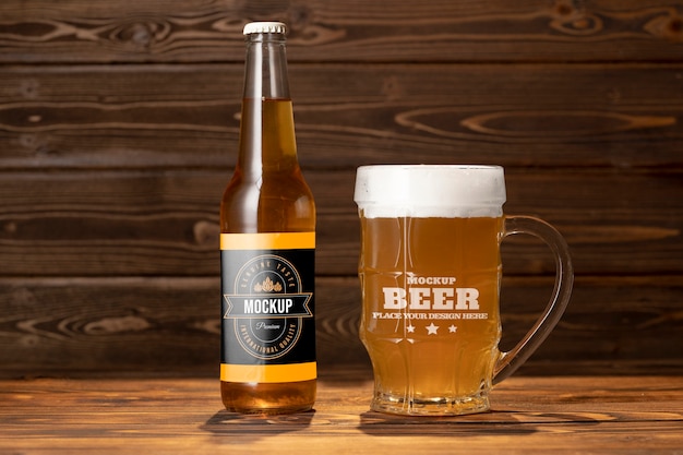 PSD beer mug mockup on wooden table