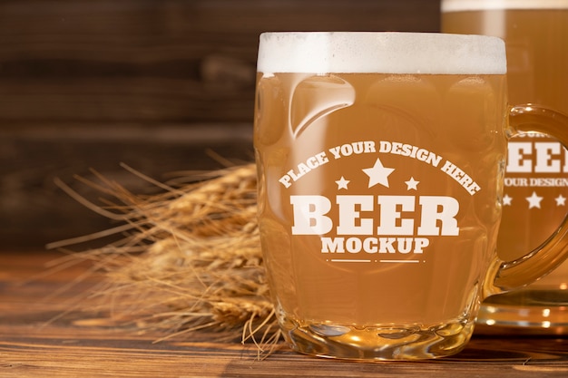 Beer mug mockup on wooden table