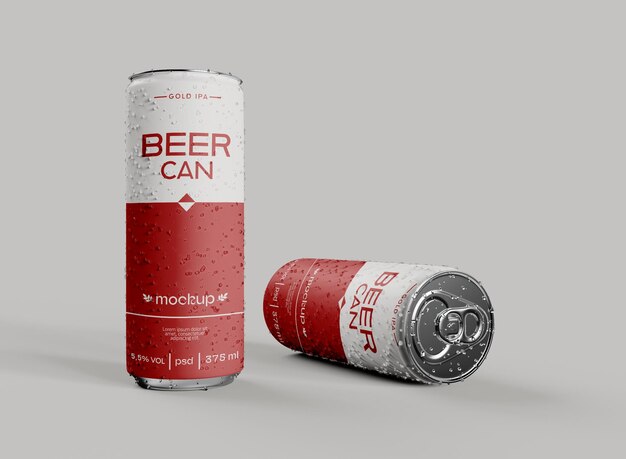 PSD birra o lattina di soda con gocce mockup