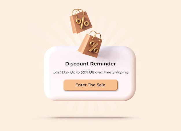 PSD beige discount reminder alert in 3d design mockup template