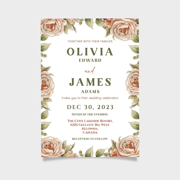 PSD beige flower border background wedding invitation template editable wedding invite