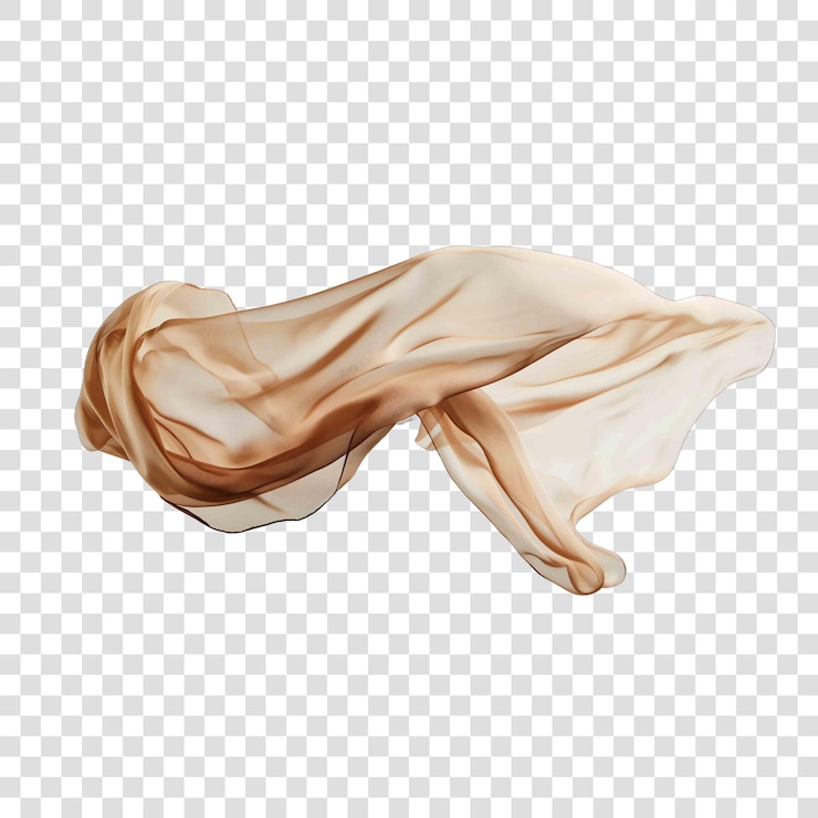 Beige silk scarf fabric floatingon transparent background