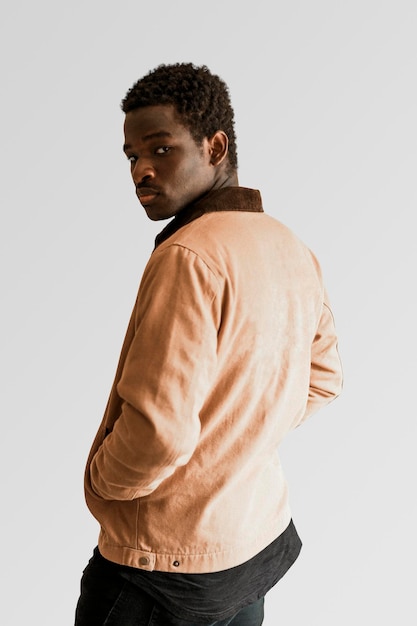 beige tan jacket mockup with black tee psd on male model