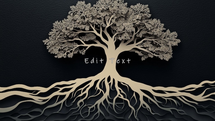 PSD beige tree with extensive roots on dark background