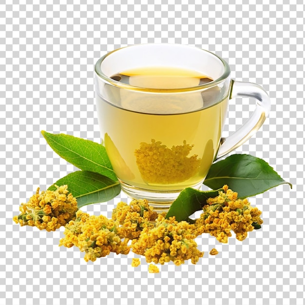 PSD beker geurige thee met gele bloemen en groene bladeren op een doorzichtige achtergrond