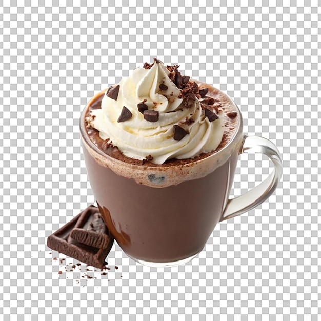 Beker warme chocolade met whipped cream en chocolade scherven erop