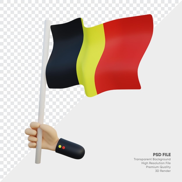 Illustrazione 3d della bandiera del belgio con la mano che lo tiene