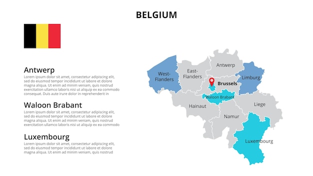 国ごとに分割されたベルギー地図インフォ グラフィック テンプレート スライド プレゼンテーション