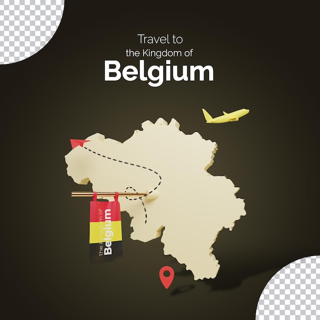 PSD belgium map with flag and airplane and travel accessories