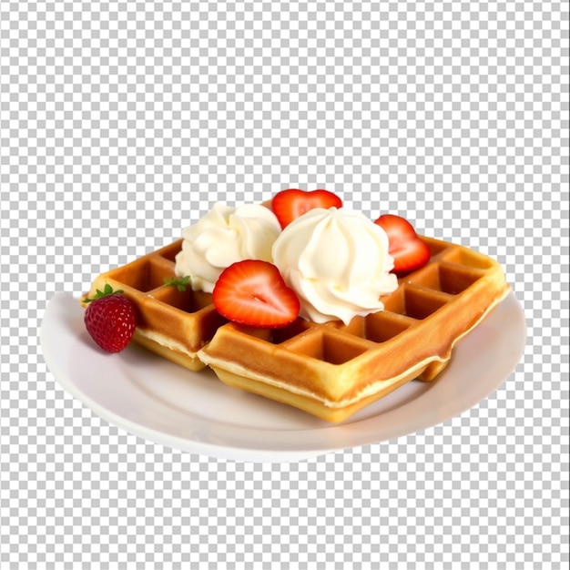 belgium waffles with strawberries and ice cream on white plate isolated on the blank background