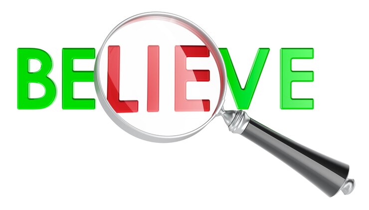 PSD believe with lie under magnifying glass 3d rendering isolated on transparent background