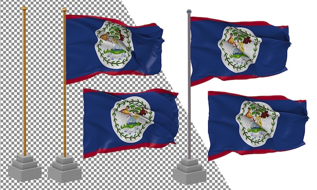 PSD belize flag waving different style with stand pole isolated 3d rendering