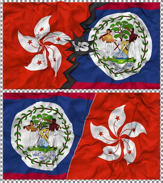 Belize vs Hong Kong Half Combined Flag Cloth Bump Texture 3D Rendering