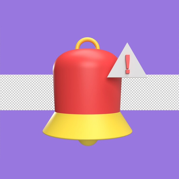PSD bell with exclamation mark 3d icon model cartoon style concept render illustration