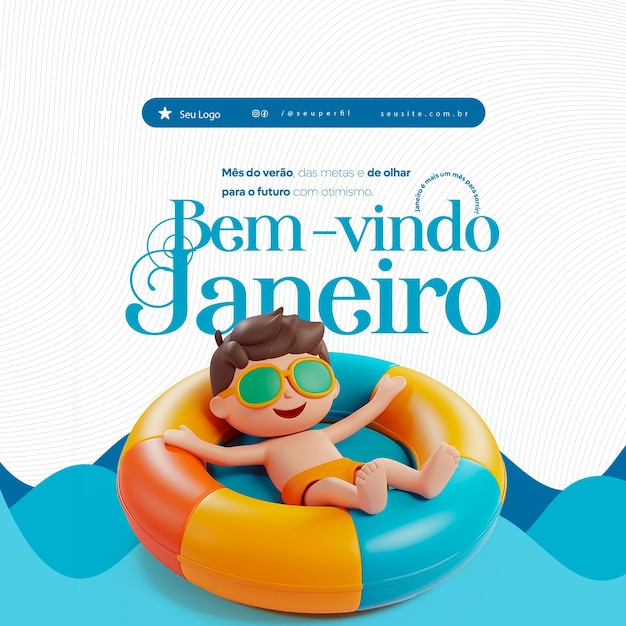 Bem vindo janeiro saudacao social media psd editavel Welcome January greetings social media editable