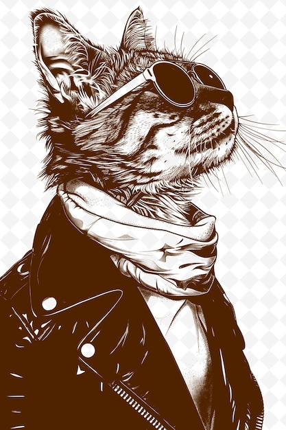 PSD bengal cat with a leather jacket and aviator sunglasses look animals sketch art vector collecties