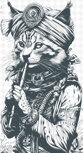 PSD bengal cat with a snake charmers turban and flute looking ex animals sketch art wektorowe kolekcje