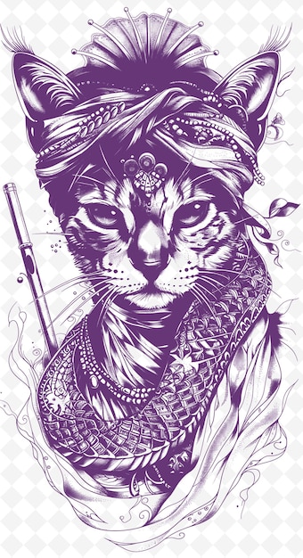 PSD bengal cat with a snake charmers turban and flute looking ex animals sketch art wektorowe kolekcje