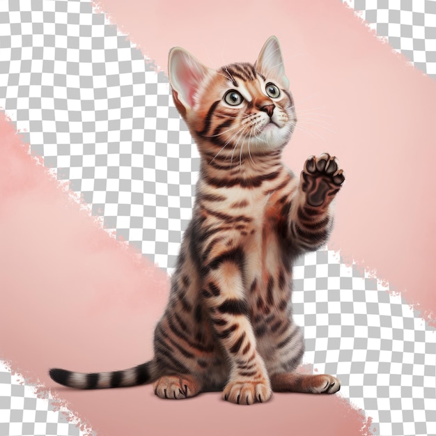 PSD bengal cat with raised paw on transparent background