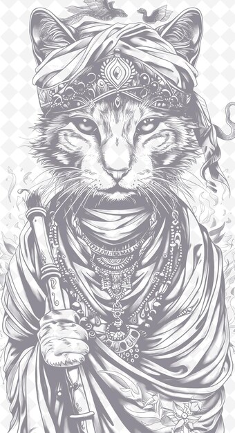 PSD bengal cat with a snake charmers turban and flute looking ex animals sketch art vector collections