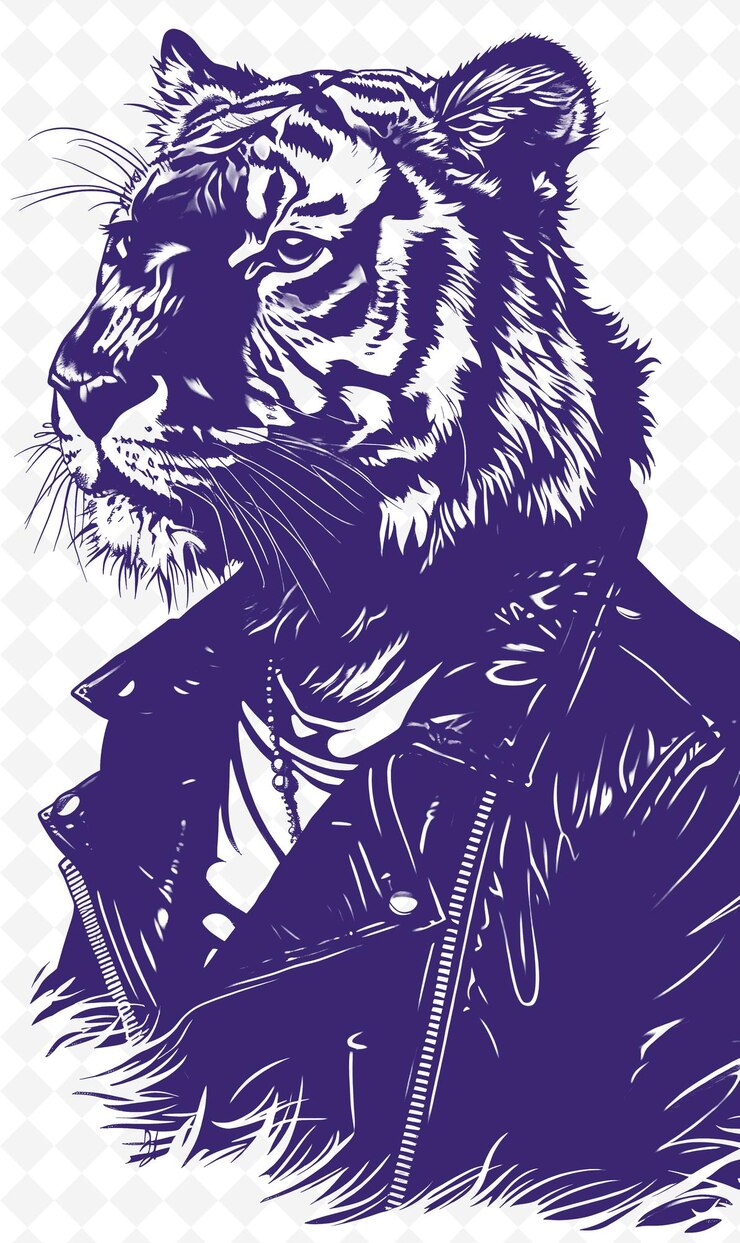 PSD bengal tiger sporting a leather jacket with confident expres animals sketch art vector collections