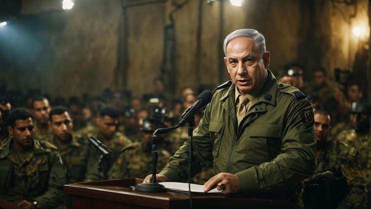 PSD benjamin netanyahu prime minister of israel in commando gear giving a speech to inspire his people