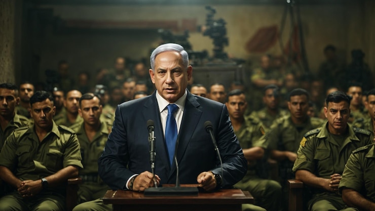 PSD benjamin netanyahu prime minister of israel giving a speech to inspire his army to fight injustice