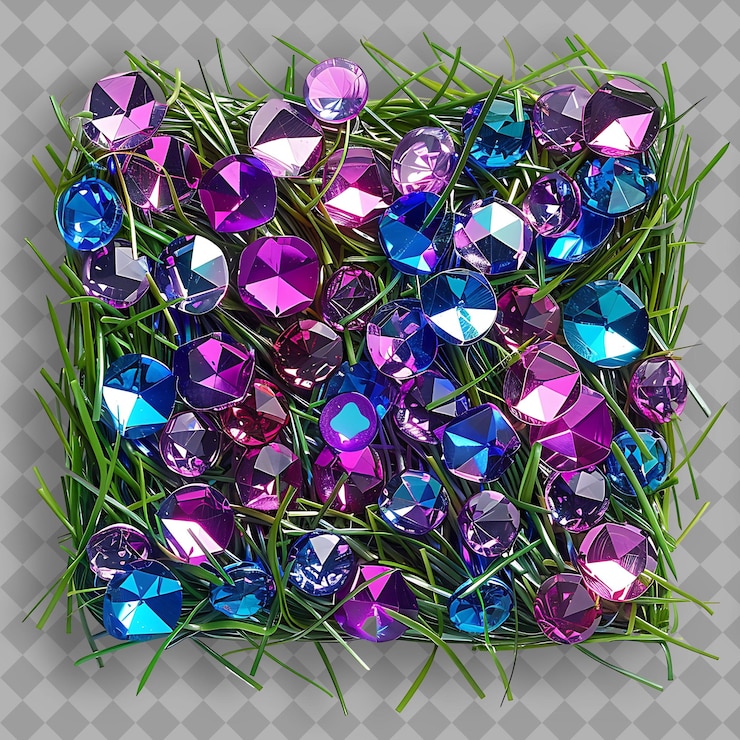 PSD bentgrass 007 with colorful glass gems and purple mixed gras isolated green texture on clean bg