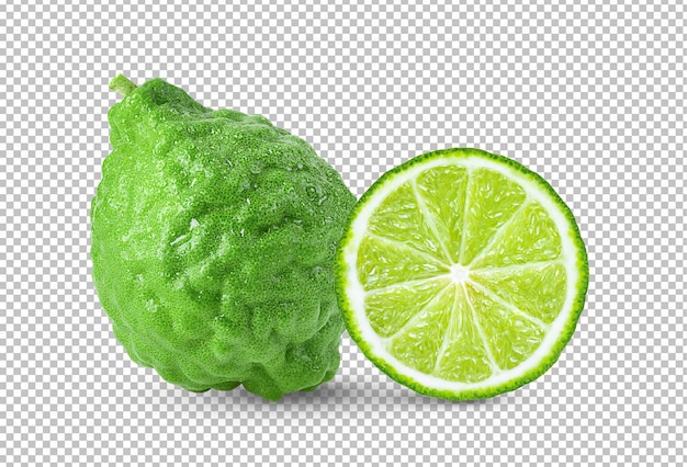 Bergamot or kaffir with drop of water isolated on alpha layer