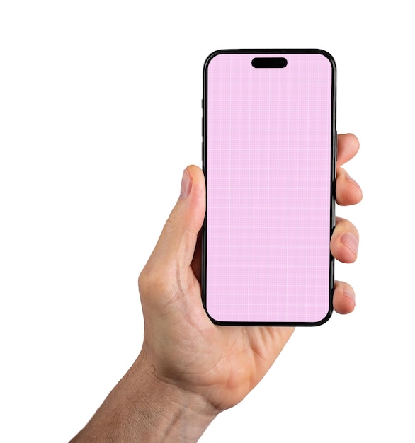 Berlijn Duitsland 14 mei 2023 Hand met mobiele telefoon scherm mockup van Iphone 14 pro max smartphone display mockup geïsoleerd op witte achtergrond