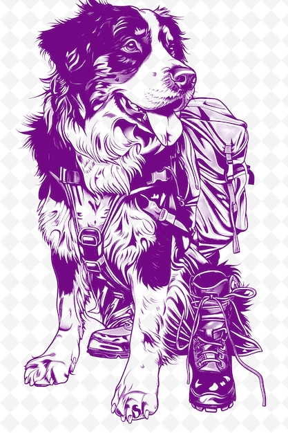 PSD bernese mountain dog with a backpack and hiking boots lookin animals sketch art vector collections