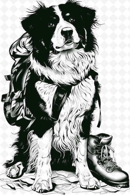 PSD bernese mountain dog with a backpack and hiking boots lookin animals sketch art vector collections