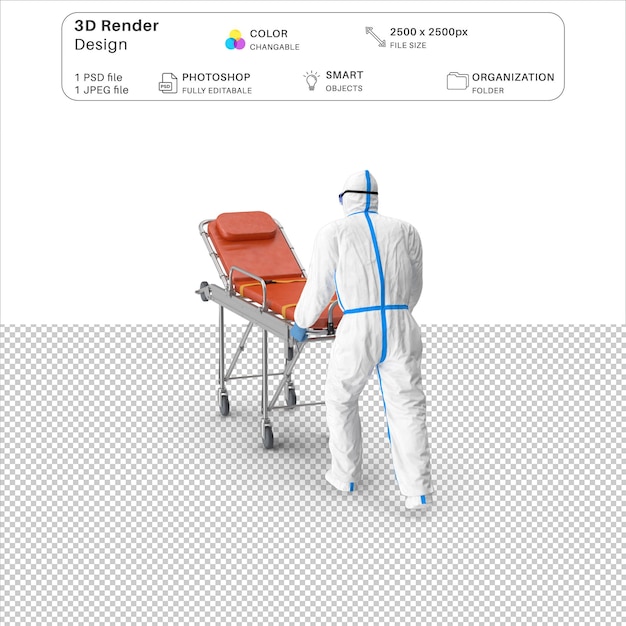 Beschermend pak met roestvrij stalen ambulance ziekenhuisbed gurney 3d-modellering psd-bestand