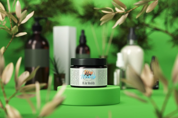 Bespotten van cosmetische potten op groene achtergrond Plaats voor tekst Plaats voor een logo Vak voor cosmetica Bespotten van zalfpotten met zwart deksel 3d render