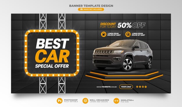 Best car special offer banner discount for today 50 off in black and orange background