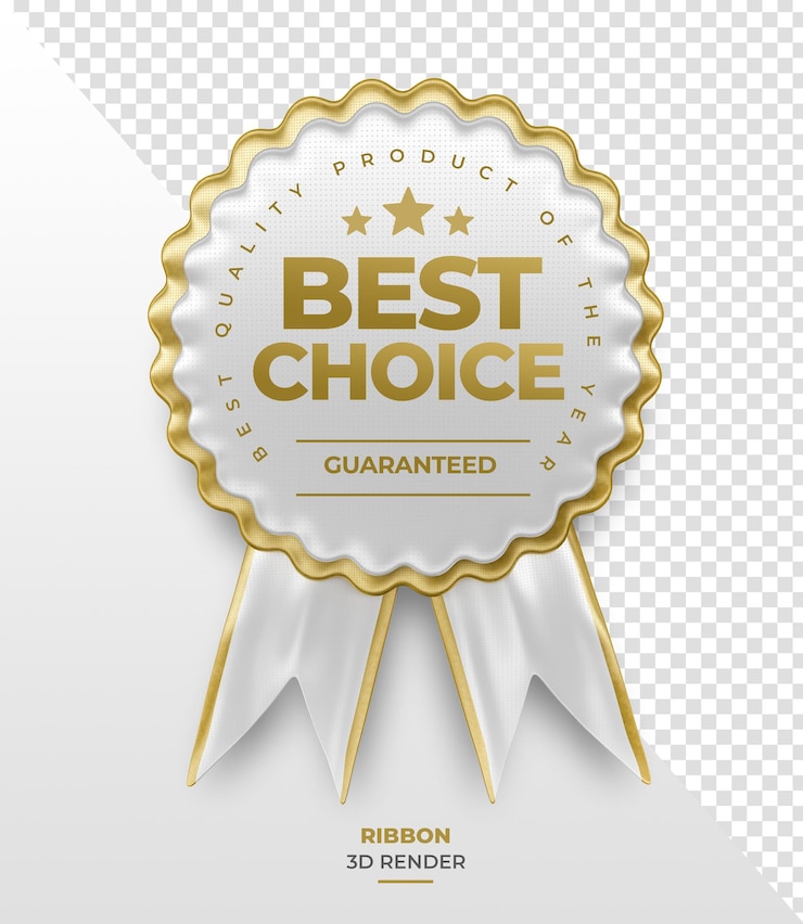 PSD best choice award ribbon in red and gold 3d render on transparent background