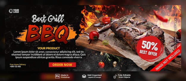 PSD miglior modello di banner di copertina di facebook post sui social media per la promozione del ristorante del menu del barbecue alla griglia