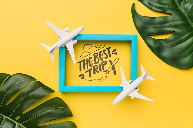 The best trip, lettering with frame, airplanes and palm leaves