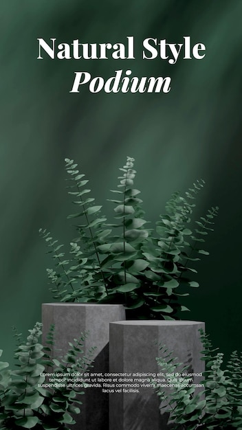 PSD betonowe podium z zielonym eukaliptusem pozostawia szablon makiety renderowania 3d w układzie portretowym