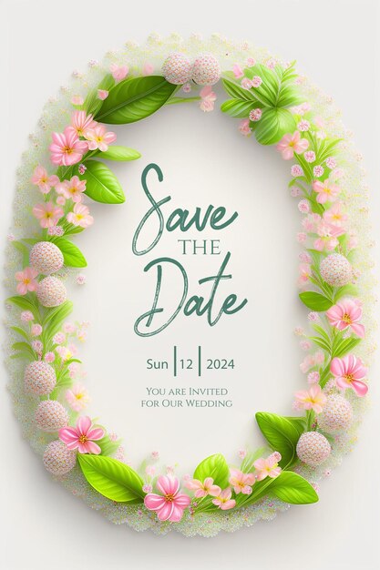 Betoverende save the date kaart met voorjaarsbloemen en groen botanische elegantie huwelijksinvitatie