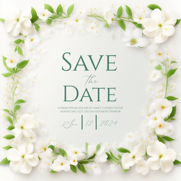 PSD betoverende save the date kaart met voorjaarsbloemen en groen botanische elegantie huwelijksinvitatie