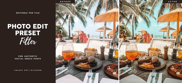 PSD bewerkbaar vooraf ingesteld filter voor het bewerken van foto's voor strandrestaurants, cafés, hotels