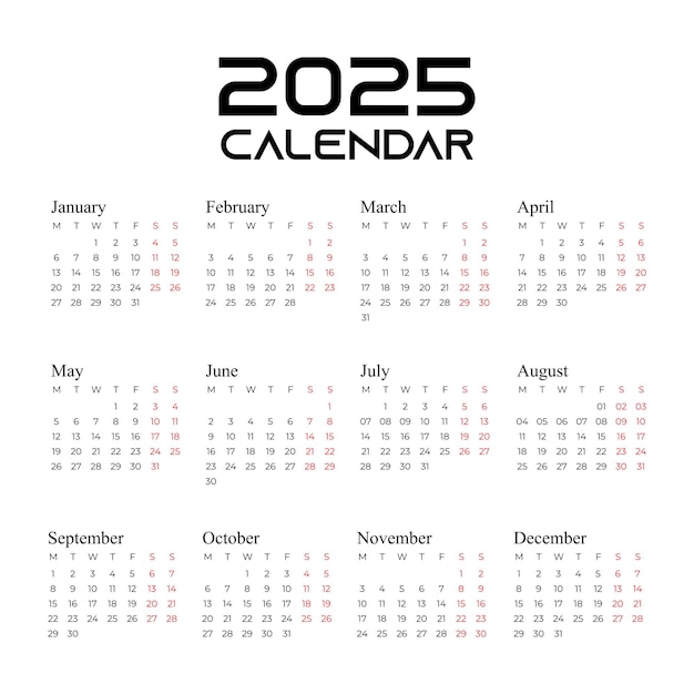 Bewerkbare kalender voor 2025
