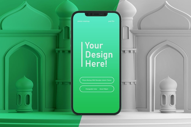 Bewerkbare kleur smartphone scherm mockup op creatieve 3d render ramadan eid mubarak islamitische thema