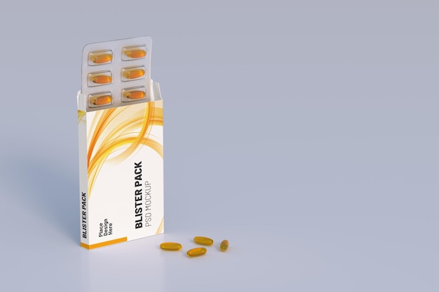 Bewerkbare mockup van visolie omega 3 gouden capsules in een blisterverpakking 3D-rendering