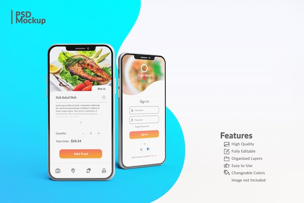 Bewerkbare smartphone-mock-ups om de concept-sjabloon voor voedsel-apps weer te geven