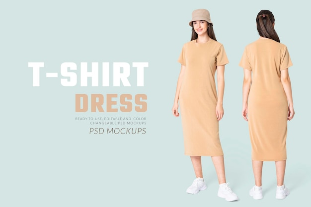 PSD bewerkbare t-shirt jurk mockup psd beige met emmer hoed dames vrijetijdskleding kleding advertentie